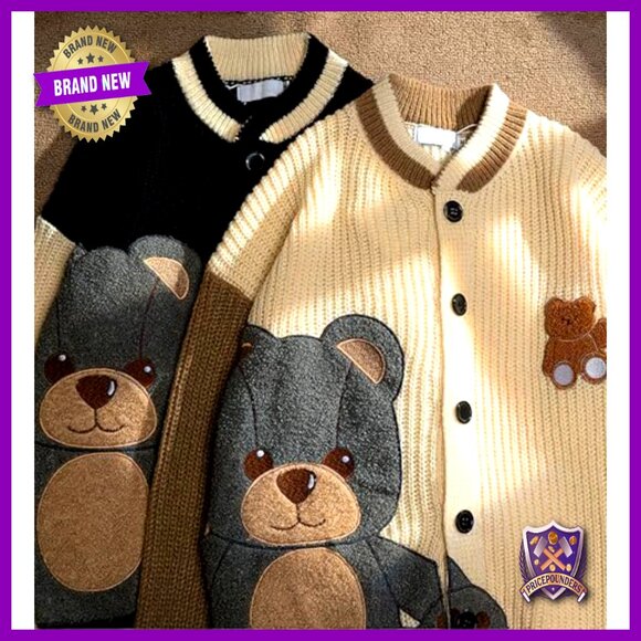 Loose Fit Cardigan Sweater with Bear Embroidery, Button Front, Long Sleeve - Picture 2 of 6